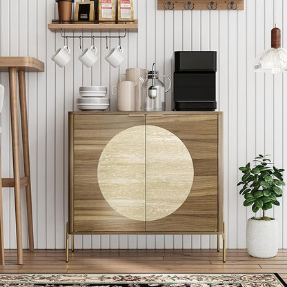 Sideboard Buffet Cabinet with Storage, Mid-Century Modern Kitchen Storage Cabinet with Adjustable Shelf and Circular Inlay Doors, Wooden Cupboard for Kitchen, Entryway