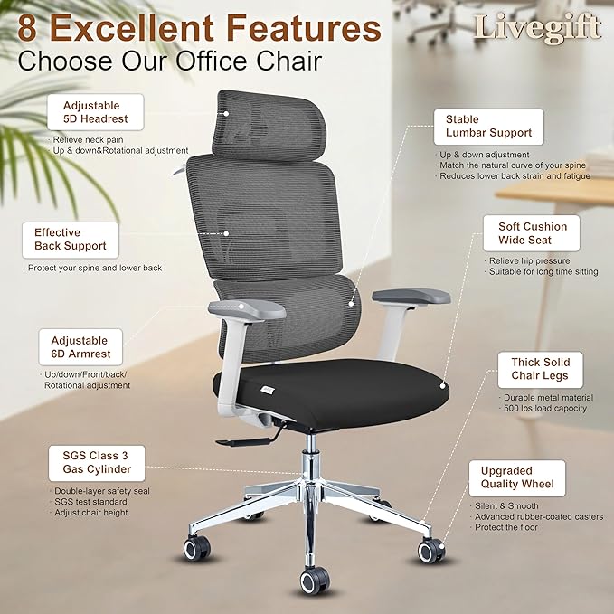 Ergonomic Office Chair with Lumbar Support,Headrest, and6D Armrests - Mesh Computer Chair with Coat Hook-500 lbsWeight Capacity - Extra-Wide Seat- High-Back Office Chair, Black