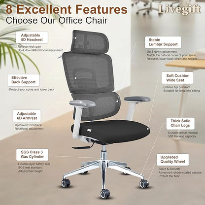 Ergonomic Office Chair with Lumbar Support,Headrest, and6D Armrests - Mesh Computer Chair with Coat Hook-500 lbsWeight Capacity - Extra-Wide Seat- High-Back Office Chair, Black
