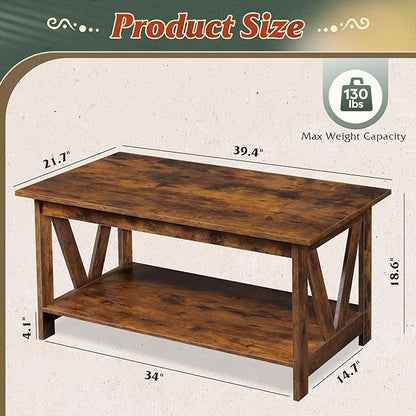 WLIVE Coffee Table with Storage Shelf, 39.4" Farmhouse Coffee Table with V-Frame Support, 2-Tier Wood Rustic Center Table for Living Room, Bedroom & Balcony, Rustic Brown