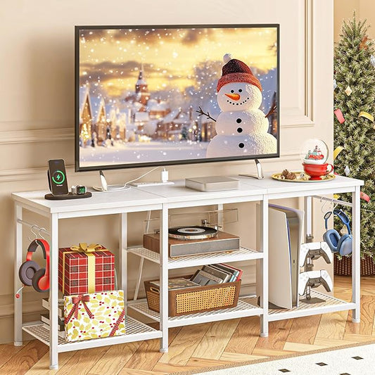 YGEOMER White TV Stand for Up to 50 Inch Tvs, Entertainment Center with Power Outlet and Open Storage Shelves, TV Console Table for Living Room Bedroom