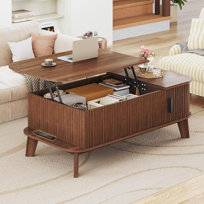 HUAHUU 37.4" Lift Top Coffee Table with Storage, Mid Century Modern Coffee Table with Sliding Fluted Doors for Living Room, Home Office, Walnut