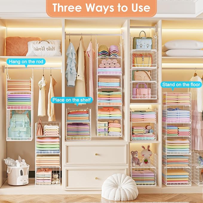 Yuyetuyo 6 Tier Raised-Height Hanging Closet Organizer, Stackable Sweater Organizer for Closet, Wire Storage Basket Bins for Clothes Purse Shoes, Hanging Shelves with 4 Hooks & 3 Dividers Adjustable