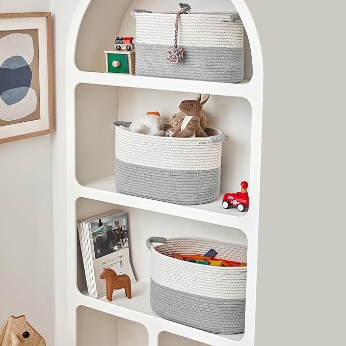 R RUNKA Storage Baskets for Organizing | 15"x10.2"x9.1" - 1 Pack Nursery Bin with Handles - Woven Cotton Rope Baskets for Dog Toys, Books, Shelf, Bathroom,Closet -Stylish Storage |White & Grey