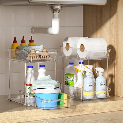 Delamu 2-Tier Under Sink Organizers and Storage, Multi-Purpose Stackable Bathroom Cabinet organizers, Pull Out Kitchen Pantry Organization and Storage with Dividers(3 Pack, Clear)