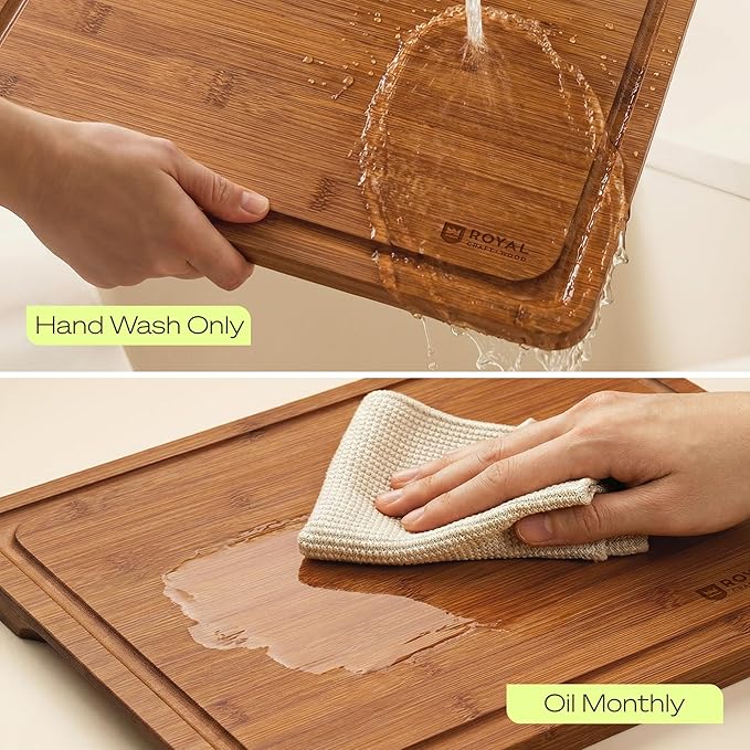 ROYAL CRAFT WOOD Wooden Cutting Boards for Kitchen Meal Prep & Serving - Bamboo Non Toxic Cutting Board Set with Deep Juice Groove Side Handles - Charcuterie & Chopping Butcher Block for Meat (4 Pcs)