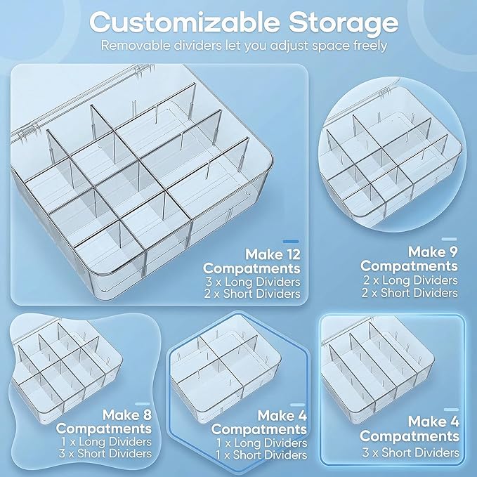 Tea Bags Organizer with Lid: Tea Bag Holder - Clear Stackable Tea Bag Storage Box with Adjustable Compartments for Tea Bags, Coffee Bar, Pantry & Kitchen Counter (Large)
