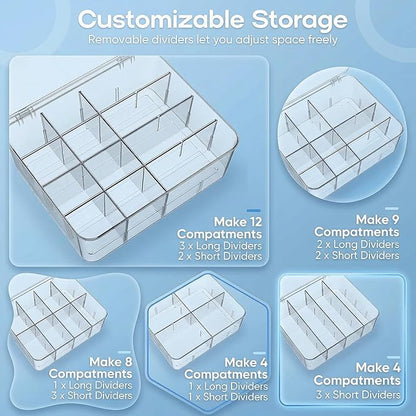 Tea Bags Organizer with Lid: Tea Bag Holder - Clear Stackable Tea Bag Storage Box with Adjustable Compartments for Tea Bags, Coffee Bar, Pantry & Kitchen Counter (Large)