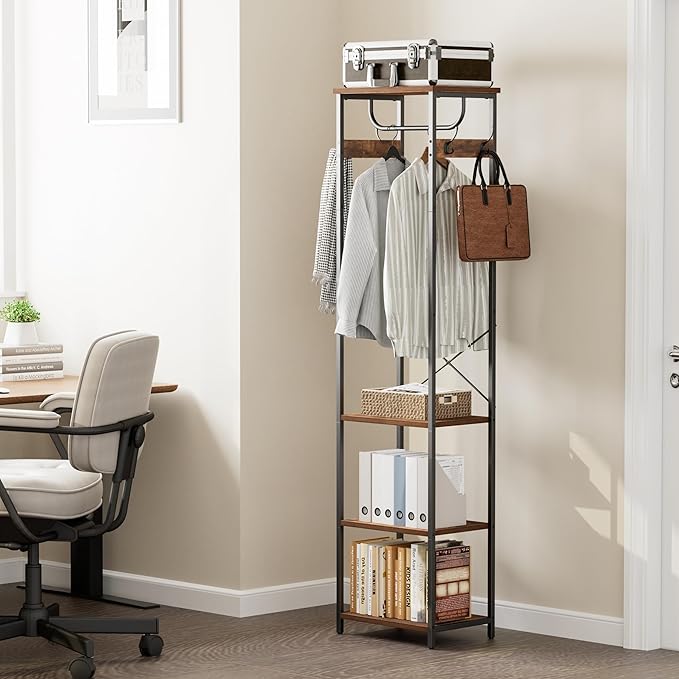Coat Rack With Hanging Rod, Garment Rack With 3 Wooden Shelves and 4 Hooks, Freestanding Hall Tree, Industrial Clothes Rack Stand Organizer, Rustic Brown and Black
