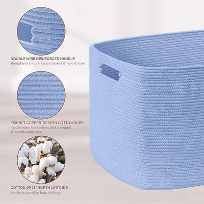 SunNewt 45L Small Baby Girls Laundry Basket for Nursery Storage,Cute Woven cotton Rope Baskets for Kids Toy，Gifts, Boho Square Wicker Blanket hamper for Living Room,Bedroom Dirty Clothes,Blue Purple