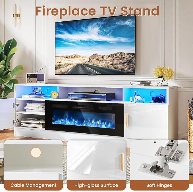 MXV 70" Fireplace TV Stand with Power Outlet for TVs UP to 80", Electric Fireplace Entertainment Center with LED Lights & Storage Cabinets, TV Console for Living Room, Office, White-Black