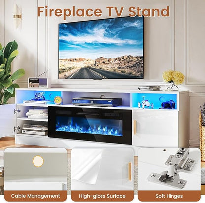MXV 70" Fireplace TV Stand with Power Outlet for TVs UP to 80", Electric Fireplace Entertainment Center with LED Lights & Storage Cabinets, TV Console for Living Room, Office, White-Black