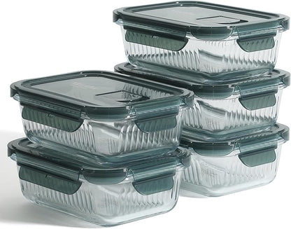 Martha Stewart Shadowbrook 5-Piece Borosilicate Glass Storage Container Set – Airtight Locking Lids, 21.6 oz Meal Prep, Leftover & Lunch Containers, Microwave, Oven & Dishwasher Safe