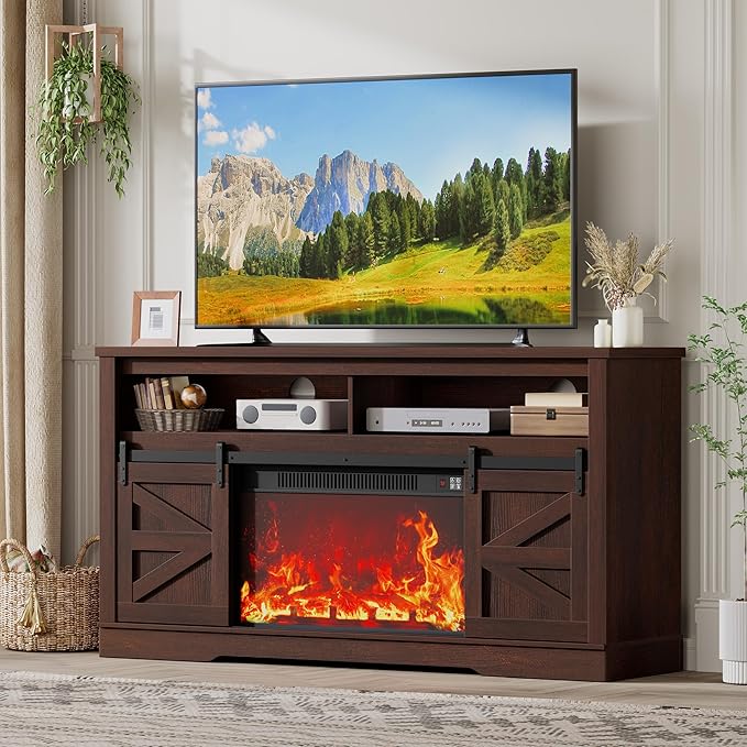 JUMMICO Fireplace TV Stand for 65+ Inch TV with 26'' Fireplace Entertainment Center with Storage Cabinet and Adjustable Shelves, Media Console with Sliding Barn Door for Living Room (Brown)