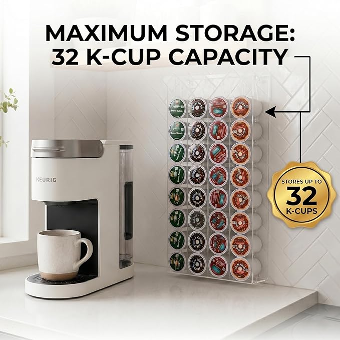 OnDisplay Wall Mount Acrylic Coffee Pod Holder Compatible with Keurig K-Cup Capsules, 32 Pod Capacity Clear K Cup Storage Organizer Rack for Kitchen Counter, Coffee Bar Stations and Pantry, No