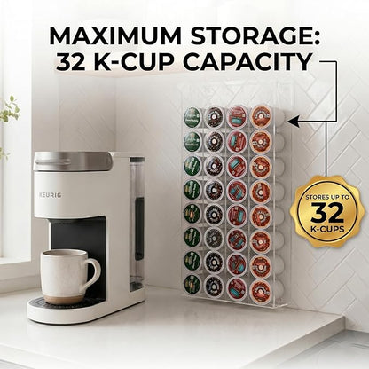 OnDisplay Wall Mount Acrylic Coffee Pod Holder Compatible with Keurig K-Cup Capsules, 32 Pod Capacity Clear K Cup Storage Organizer Rack for Kitchen Counter, Coffee Bar Stations and Pantry, No