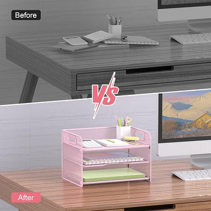 Samstar 3 Tier Pink Letter Tray Paper Organizer with Handle, Mesh Desk Organizer Paper Sorter File Rack Shelves, Pink