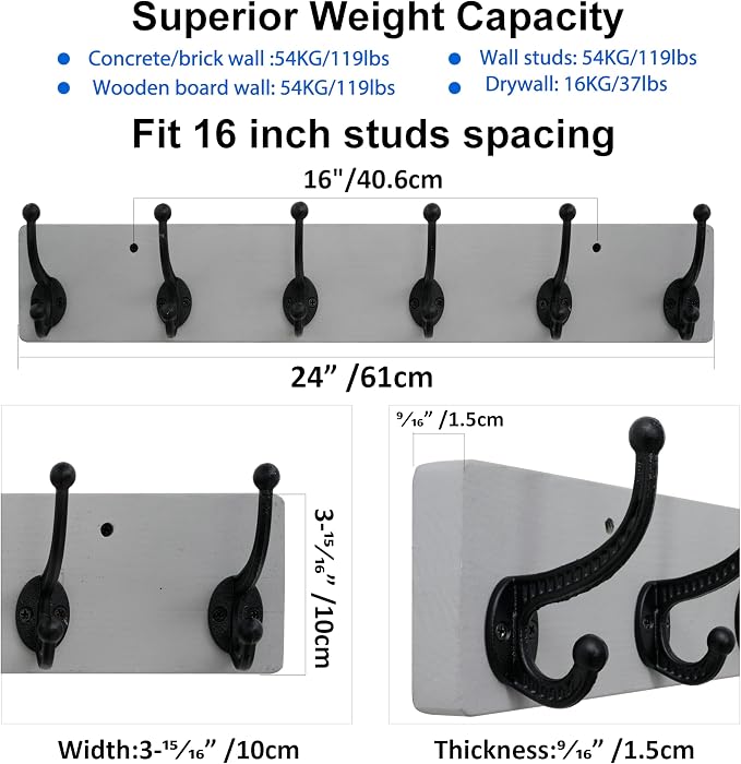 WEBI Rustic Coat Rack Wall Mount,24" Long 6 Cast Iron Coat Hooks Wall Mounted,Heavy Duty Wood Wall Coat Hanger Hooks for Hanging Coats,Jacket,Clothes,Backpack,Farmhouse,Gray,2 Packs