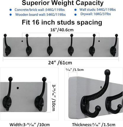 WEBI Rustic Coat Rack Wall Mount,24" Long 6 Cast Iron Coat Hooks Wall Mounted,Heavy Duty Wood Wall Coat Hanger Hooks for Hanging Coats,Jacket,Clothes,Backpack,Farmhouse,Gray,2 Packs