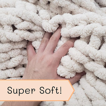 Adyrescia Chunky Knit Blanket Throw | 100% Hand Knit with Jumbo Chenille Yarn (50"x60", Cream White)
