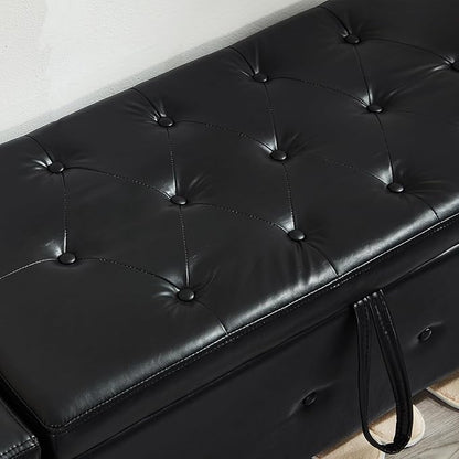 Furniliving Storage Bench, 48‘’ Upholstered PU Leather Ottoman Bench with Button-Tufted, Folding Bedroom Bench with Wood Legs, Entryway Bench for Bedroom, Black