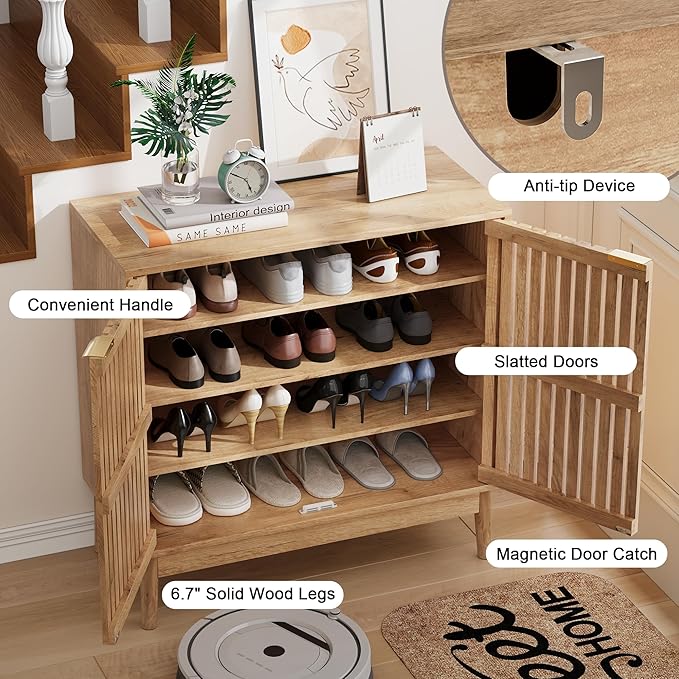 Shoe Cabinet with 2 Doors and Shelves, 4-Tier Shoe Cabinet Storage for Entryway, Freestanding Entryway Shoe Organizer Cabinets