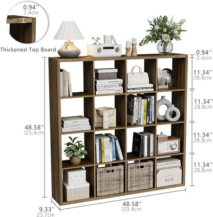 Cube Storage Organizer Bookcase, Decorative 11 inch Open Back Cubical Shelf with Thickened Border, Display Bookshelf for Living Room, Home Office, Sturdy Room (Brown, 16 Cube)