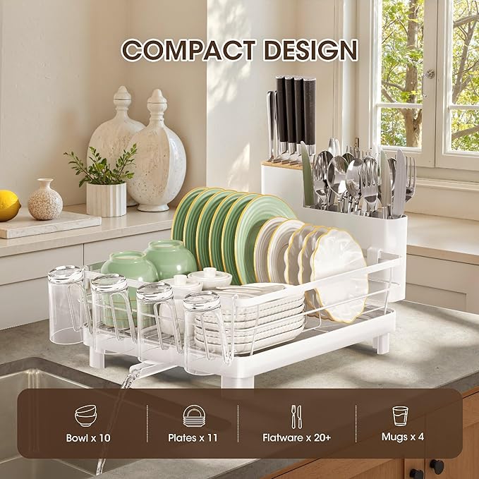 Runnatal Dish Drying Rack, Stainless Steel Dish Rack with Drainboard for Kitchen Counter and Sink, Detachable 2-in-1 Utensil Holder, Cup Holder, Large Capacity Dish Drainer, White