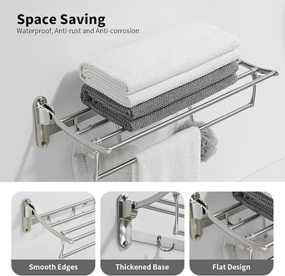 BESy 24 Inch Brushed Nickel Towel Racks, Bathroom Towel Shelf with Foldable Towel Bar Holder and Towel Hooks, Wall Mounted Multifunctional Bathroom Accessories, Double Towel Bars