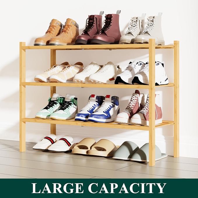 Smiry Shoe Rack, 3 Tier Bamboo Shoe Organizer, Stackable Free Standing Wooden Shoe Storage Shelf for Closet, Entryway, Front Door Entrance, Natural (Pack of 2)