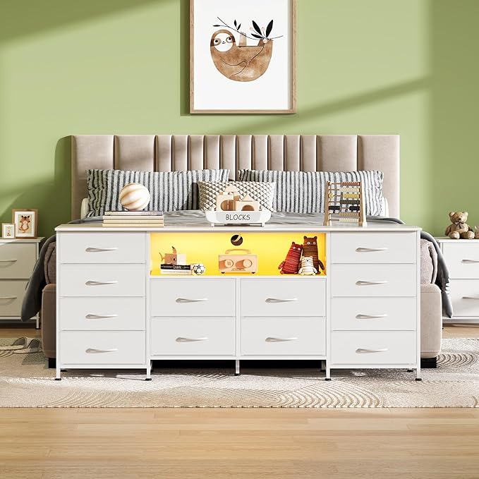 WLIVE White Dresser for Bedroom, Dresser TV Stand for 65, 70, 75 inch TV with Led Lights & Charging Station, Fabric Chest of Drawers with Open Shelves, 12 Drawer Dressers for Closet, Living Room
