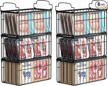 MSERCUOR Freezer Organizer Bins, 6 Pack Stackable Deep Chest Freezer Organizer Bins, Foldable Baskets with Handles, Black Storage Container Baskets for 5/ 7 Cu.FT Deep Freezer Sort Frozen Meats