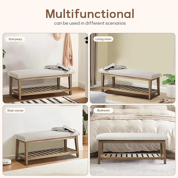 Entryway Bench, Chenille Upholstered Shoe Benches for Bedroom, Ottoman Bench with Solid Wood Shelf, Storage Benches for Hallway, Living Room(Beige)