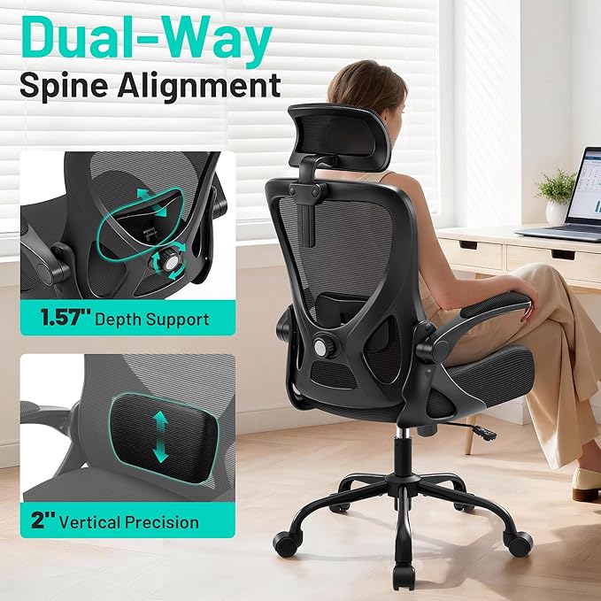 Office Chair - Ergonomic Desk Chair Breathable Mesh Chair with 2D Headrest & Adjustable Lumbar Support - Executive High Back Rolling Swivel Computer Gaming Chair with Wheels Flip-up Armrests