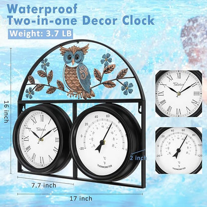 17Inch Large Outdoor Clock,Waterproof Wall Clock with Thermometer,Weatherproof Non-Ticking Quartz Battery Operated Decor Clock for Patio,Garden,Pool,Porch,House Warming Gifts