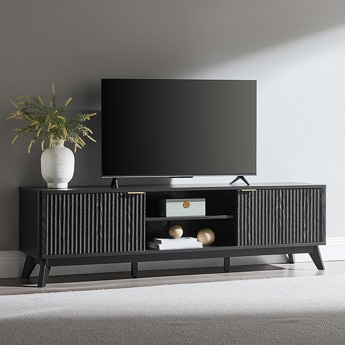 OKD 70" Mid Century Modern Fluted TV Stand, Entertainment Center, Sideboard, Media Console for Living Room with 2 Soft Close Door/Adjustable Shelves (Black Oak)