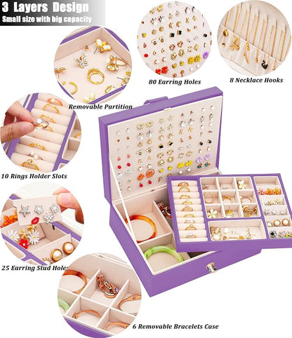QBestry Girls Jewelry Box for Earrings Jewelry Organizer Box Teen Girls Earrings Organizer Jewelry Box with Earring Holder Organizer Stud Earring Box for Girls Womens Jewelry Case Organizer Purple