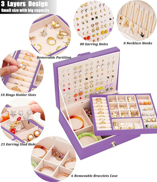 QBestry Girls Jewelry Box for Earrings Jewelry Organizer Box Teen Girls Earrings Organizer Jewelry Box with Earring Holder Organizer Stud Earring Box for Girls Womens Jewelry Case Organizer Purple