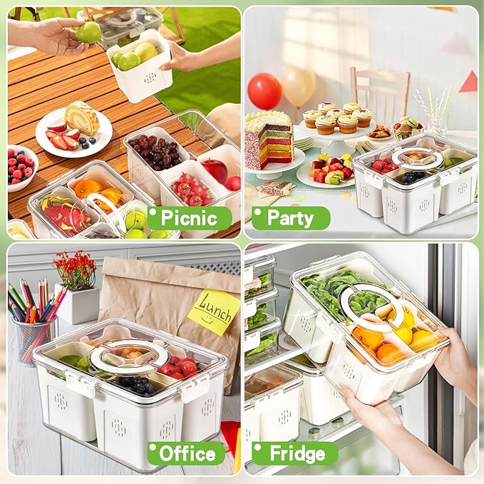 Stackable Refrigerator Organizer Bins with Lids, 4-Compartment Fridge Storage Container with Colanders & Handles, Clear Airtight Food Saver for Fruit, Vegetables & Berries