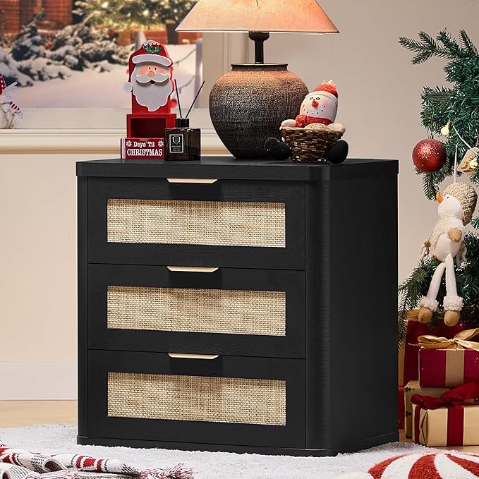 LEYAOYAO Rattan Night Stand with Drawers, 23" Large 3 Drawer Boho Nightstand, Black Bedside Table Storage Cabinet, Bed Side End Tables Dresser for Bedroom, Living Room, Hallway, Closet