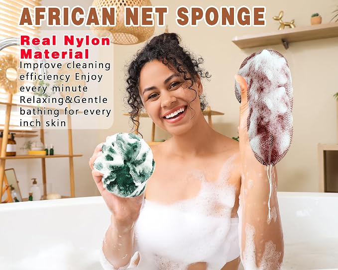2 Pack African Net Sponge Exfoliating Body Scrubber Bath Sponge for Daily Use (Dark Brown+Dark Green)