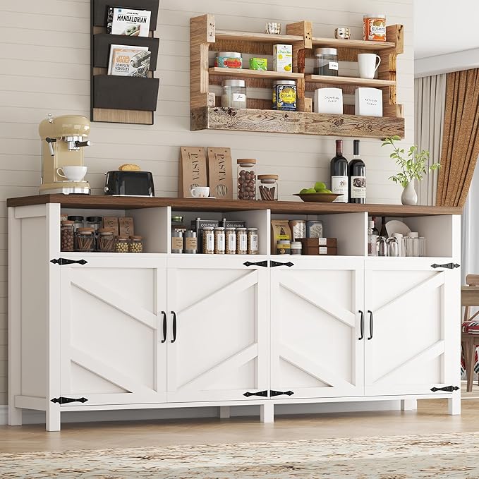 63'' Buffet Sideboard with Storage Farmhouse with 4 Doors, Large Kitchen Storage Cabinet Wood Coffee Bar Cabinet Buffet Table with Shelves for Kitchen, Dining Room, Entryway