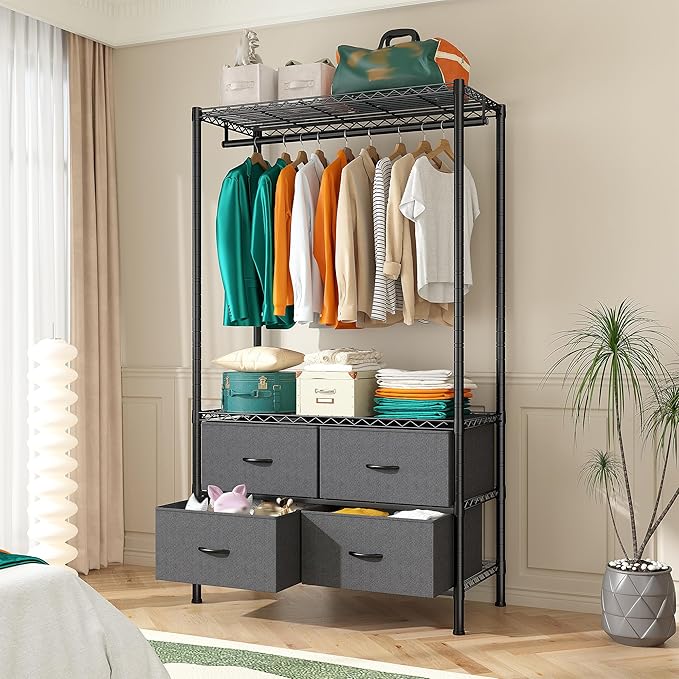 Raybee Clothes Rack with 4 Drawers and Shelves,Heavy Duty Clothing Rack for Hanging Clothes,Portable,Sturdy and Durable,Black