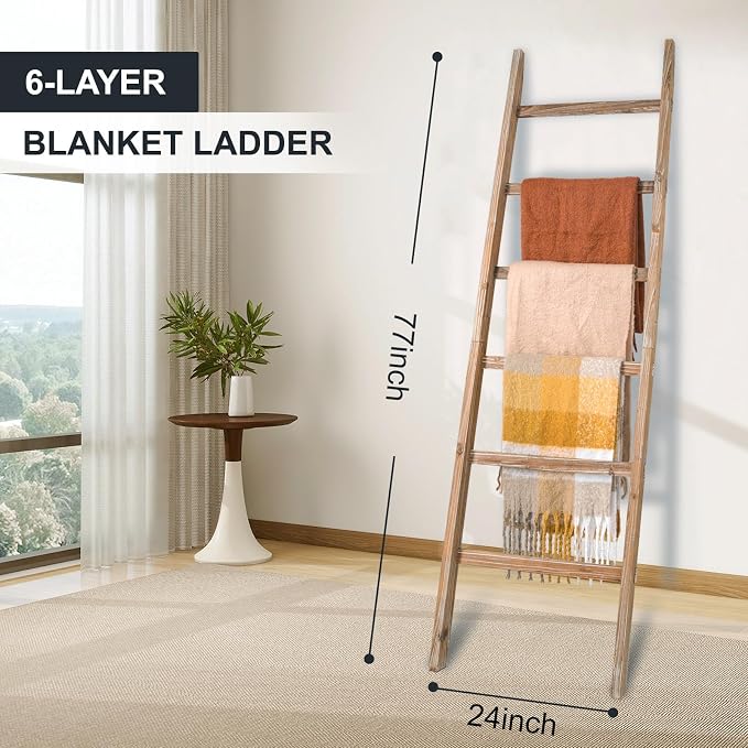 Blanket Ladder 6.4FT, Wooden Blanket Ladders for the Living Room, 6-Layer Farmhouse Rustic Quilt Rack for Living Room Bathroom (24 inch Wide)