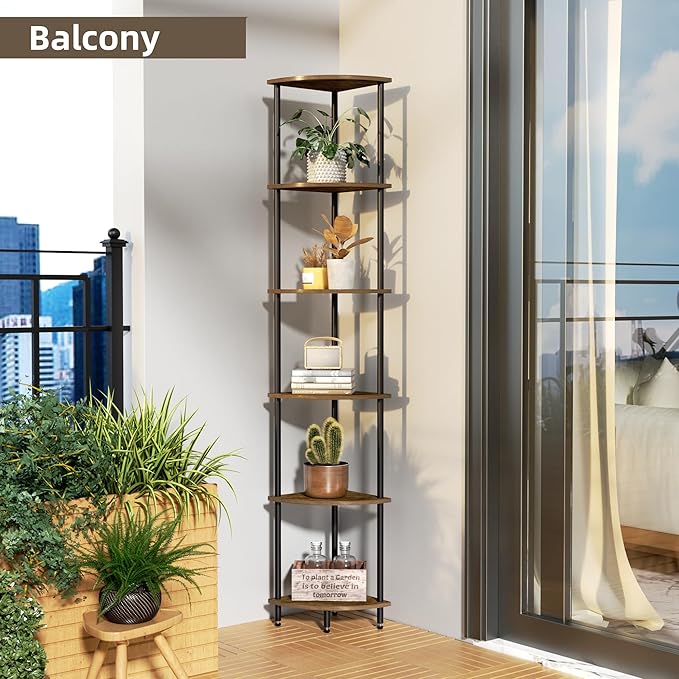 QLSPTFTS 6 Tier Corner Shelf, Bookcase for Small Spaces, Corner Display Shelf, Plant Stand, Rustic Brown and Black,Suitable for Bedroom,Living Room,Kitchen