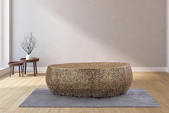 Modern Contemporary Oval-Shape 50" Coffee Table, Solid Aluminum intrigued Design, Mesh Cocktail Table, Creative Center Table for Living Room and Bedroom, Casted in Gold