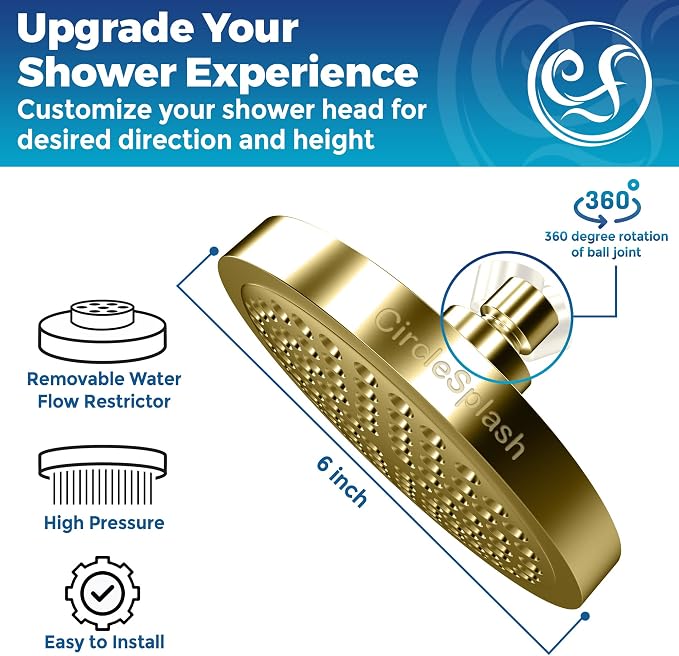 High Pressure Shower Head - Anti-Clogging Silicone Nozzles 2.5 GPM Removable Restrictor - Easy to Clean and Install - Includes Plumbers Tape - 6 inch - (Gold Finish 2.5GPM)