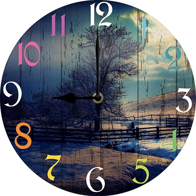 Winter Scenery Wall Clock 10 Inch Silent Non Ticking Battery Operated Wooden Modern Office Simple Minimalist Clock Decorative for Kitchen Home Bathroom Living Room