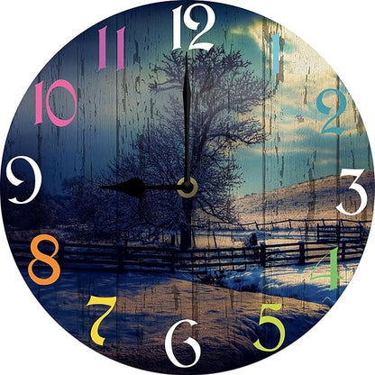 Winter Scenery Wall Clock 10 Inch Silent Non Ticking Battery Operated Wooden Modern Office Simple Minimalist Clock Decorative for Kitchen Home Bathroom Living Room