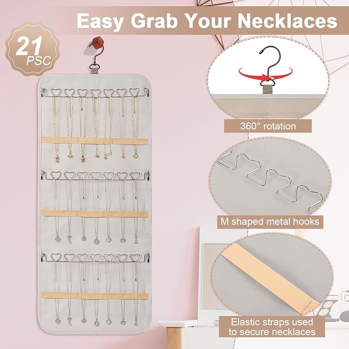 Dynoro Double-Sided Hanging Jewelry Organizer, Large Lvory Storage Roll for Earrings, Necklaces, Rings, 48 Pockets 21 Hooks, Durable Oxford Fabric for Closet, Wall, Door, 1 piece, Jewelry Not Included